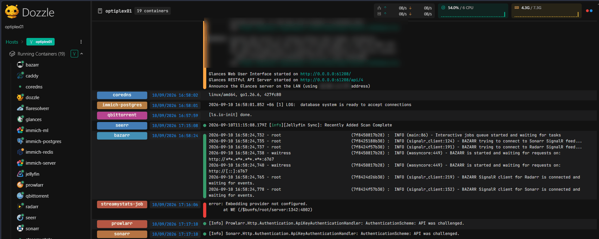 Live container log viewer tailing all 19 rootless containers on the OptiPlex, with host CPU and memory headroom in the header